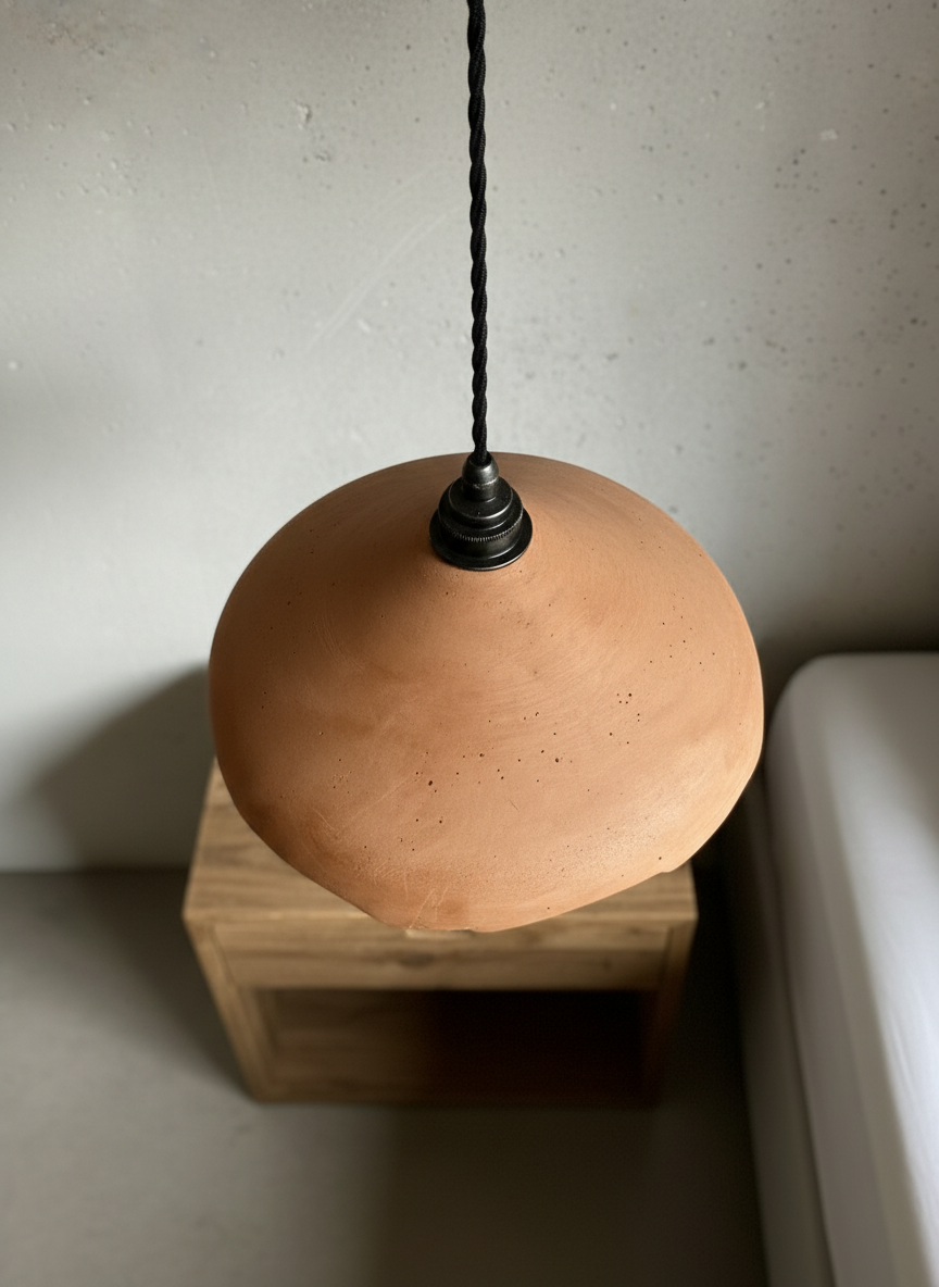 Plaster terracotta hanging lamp on a wooden block against a neutral wall.