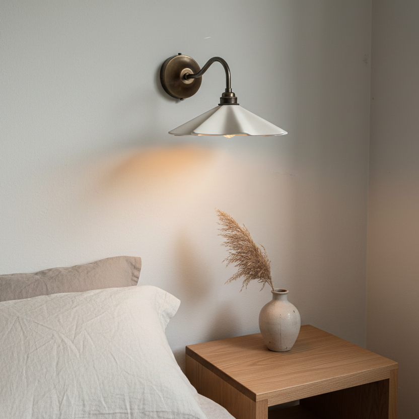 Bedroom scene with a bedside table, lamp, and vase.