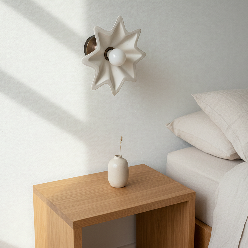 Neatly made bed with beige bedding and pillows in a room with a wooden nightstand and decorative wall light.