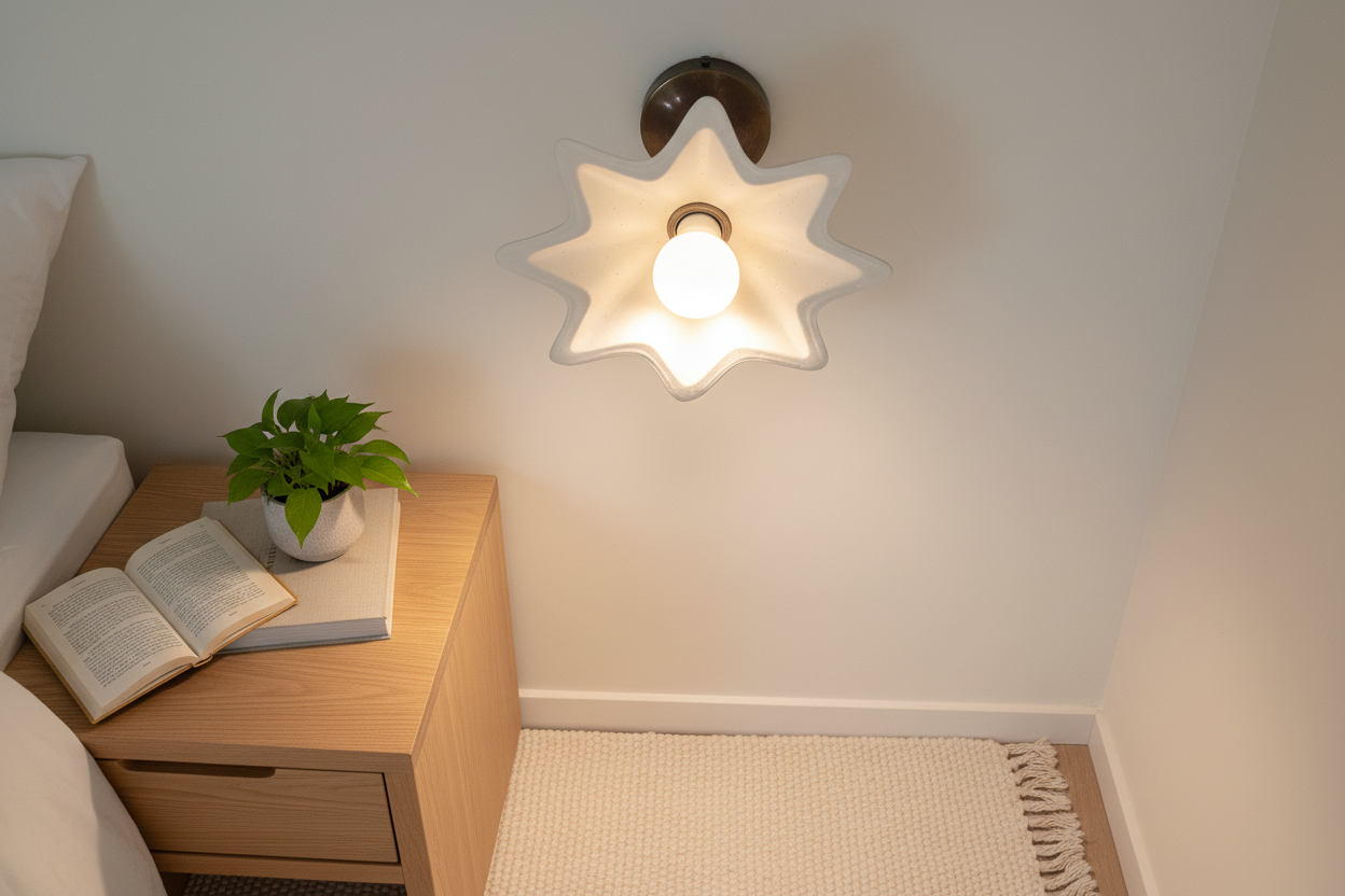 Star-shaped wall light fixture on a white wall above a wooden nightstand with an open book and plant.