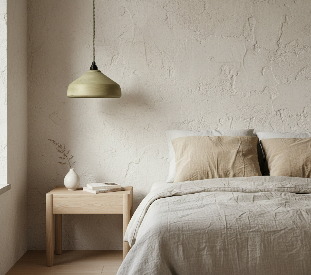 Neatly made bed with beige bedding in a room with a textured wall and wooden nightstand.