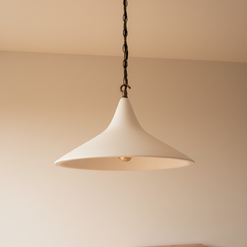 Handmade pendant light hanging from a ceiling with a wooden table below.