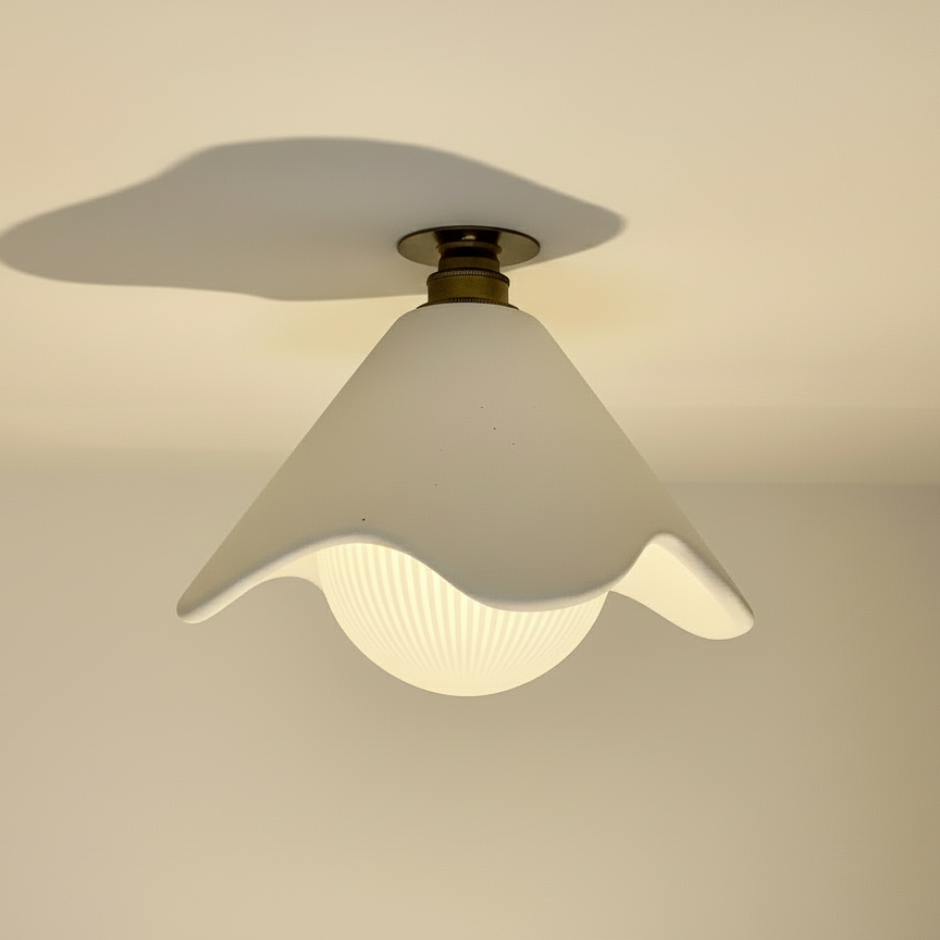 flush mount ceiling light fixture with a white glass shade on a beige background