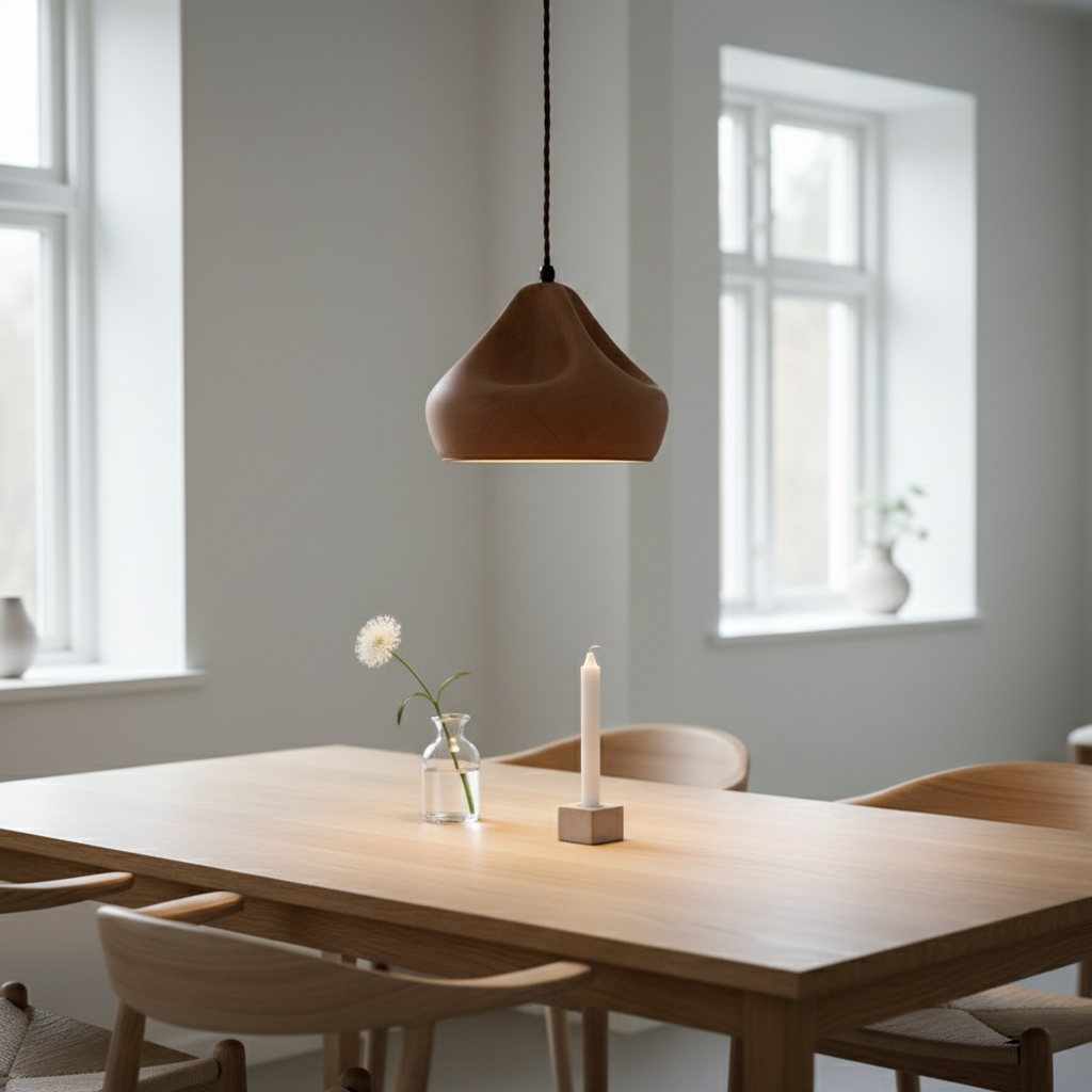 Dining room with wooden table, chairs, and a terracotta pendant light.