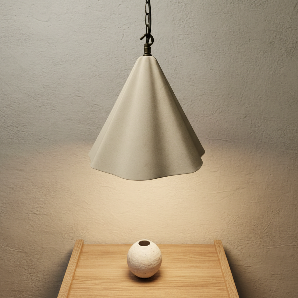 Beige cone-shaped pendant light casting a warm glow on a wooden surface with a small white vase.
