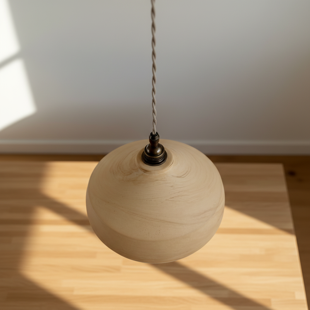 Plaster pendant light on a wooden surface with a white wall in the background