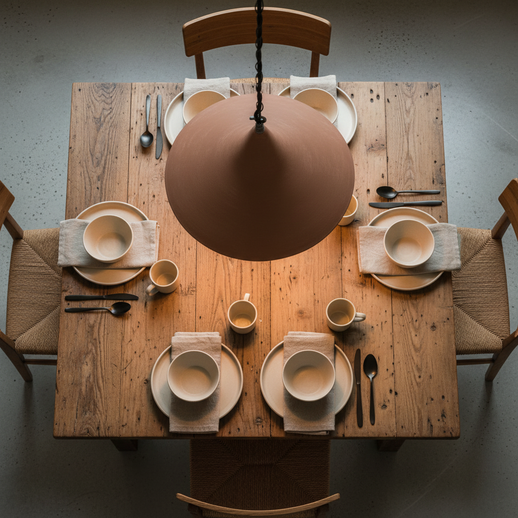 Dining table set with ceramic plates, cups, and cutlery under a brown pendant light.