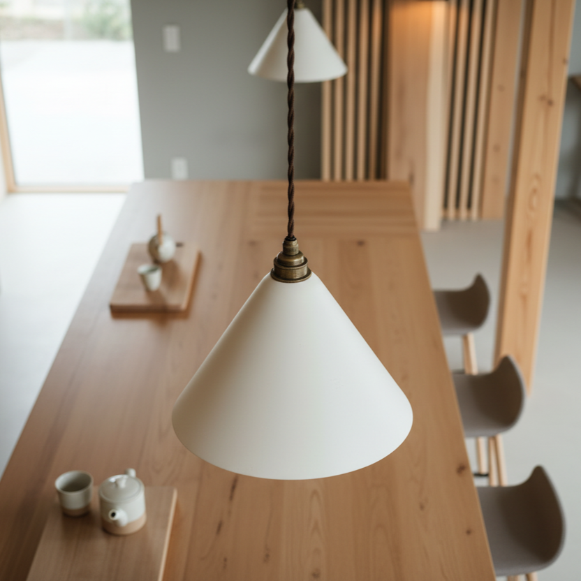 White pendant lamp on a wooden table in a modern room with chairs and a window.