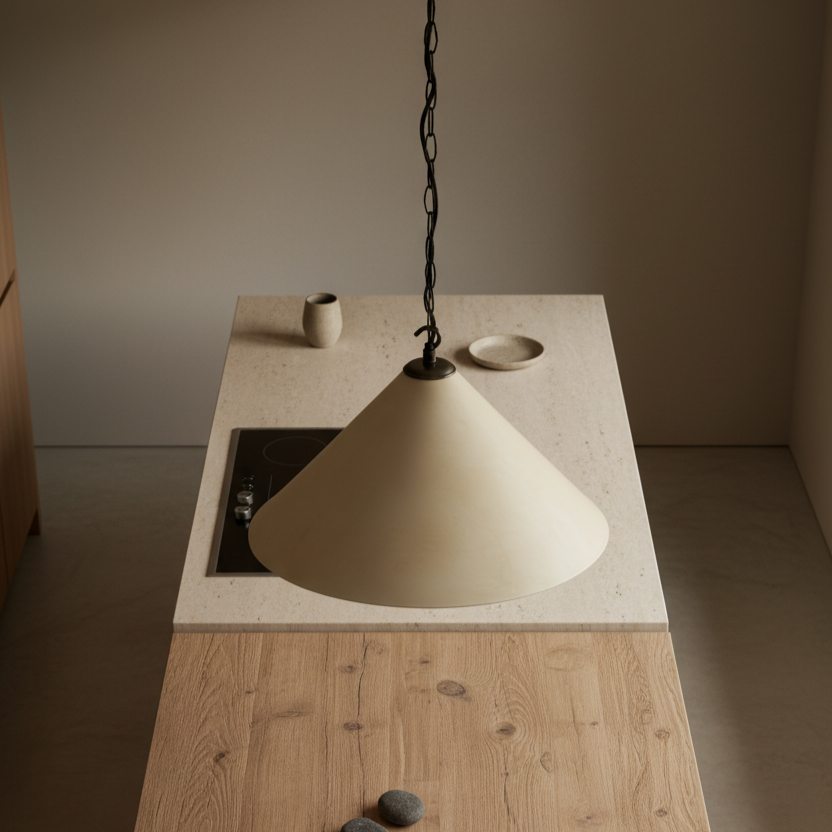 Beige pendant light hanging over a kitchen island with a neutral color palette.