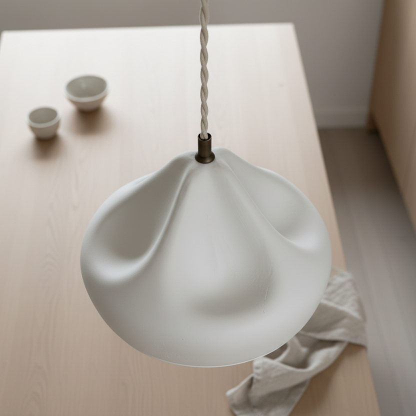 White plaster pendant light on a wooden surface with small bowls in the background