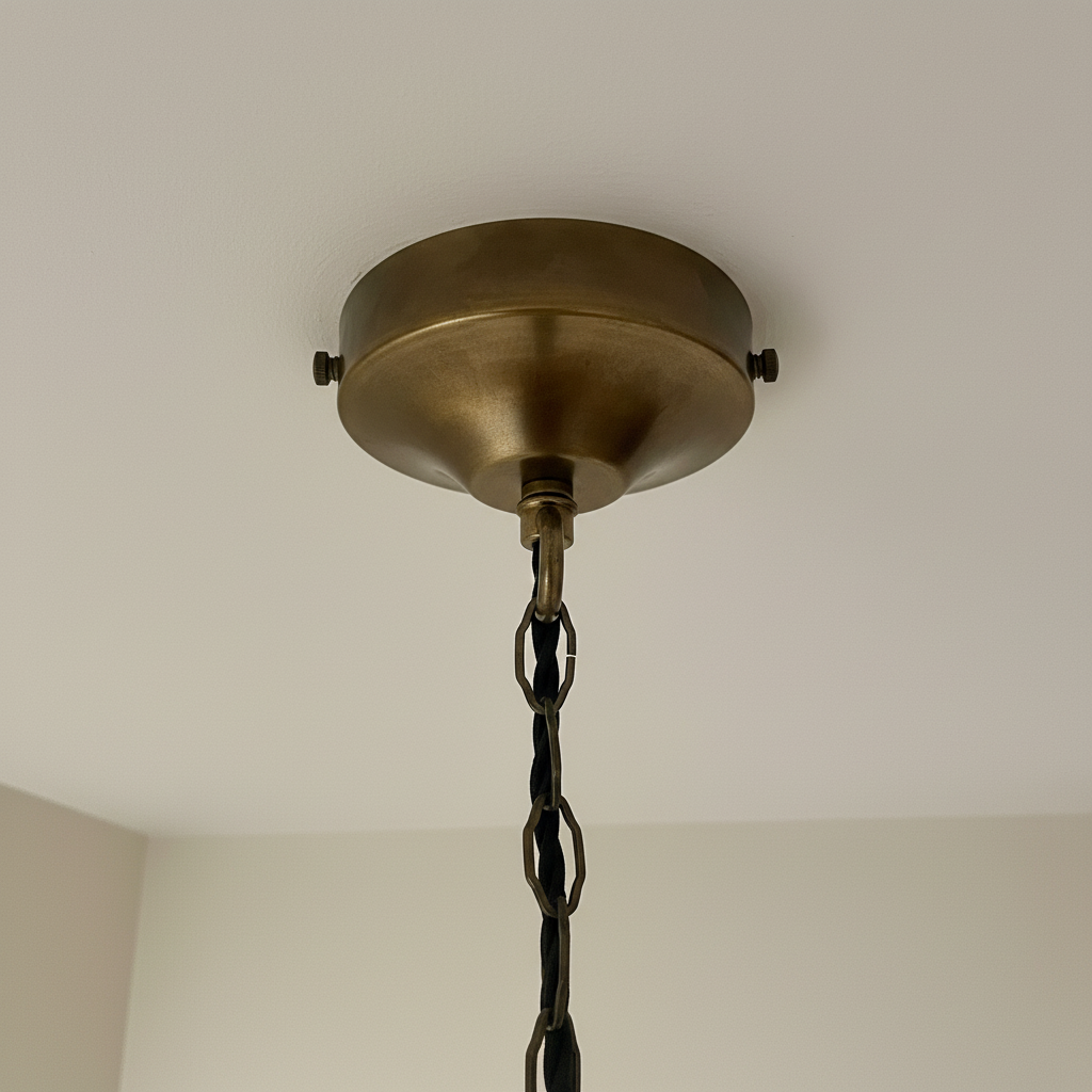 Brass ceiling light fixture on a white ceiling