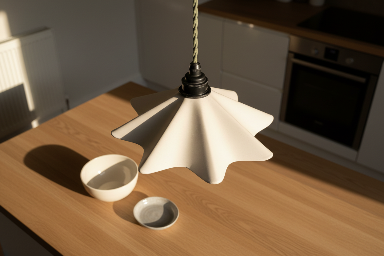 White pendant light on a wooden kitchen counter with a blurred background