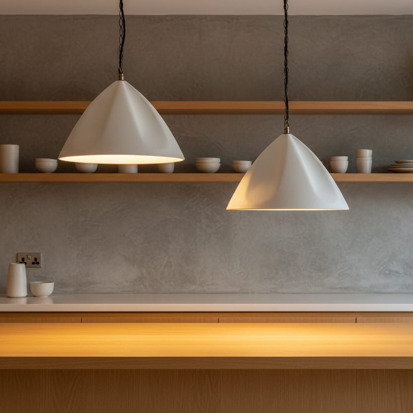 Modern kitchen with wooden shelves, pendant lights, and a concrete backsplash.