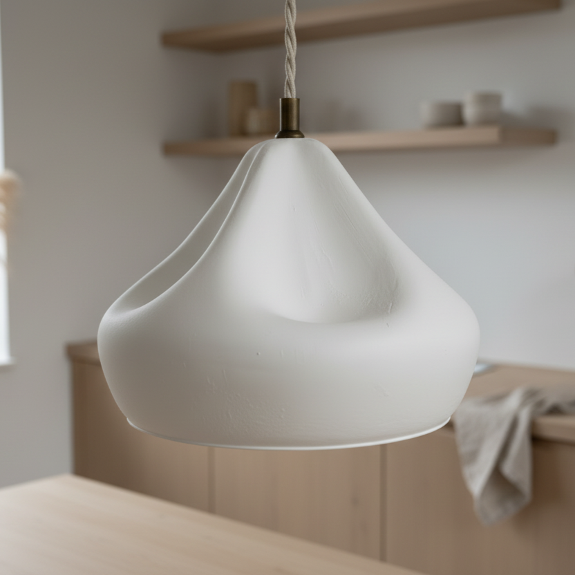 White pendant light hanging in a room with wooden shelves.