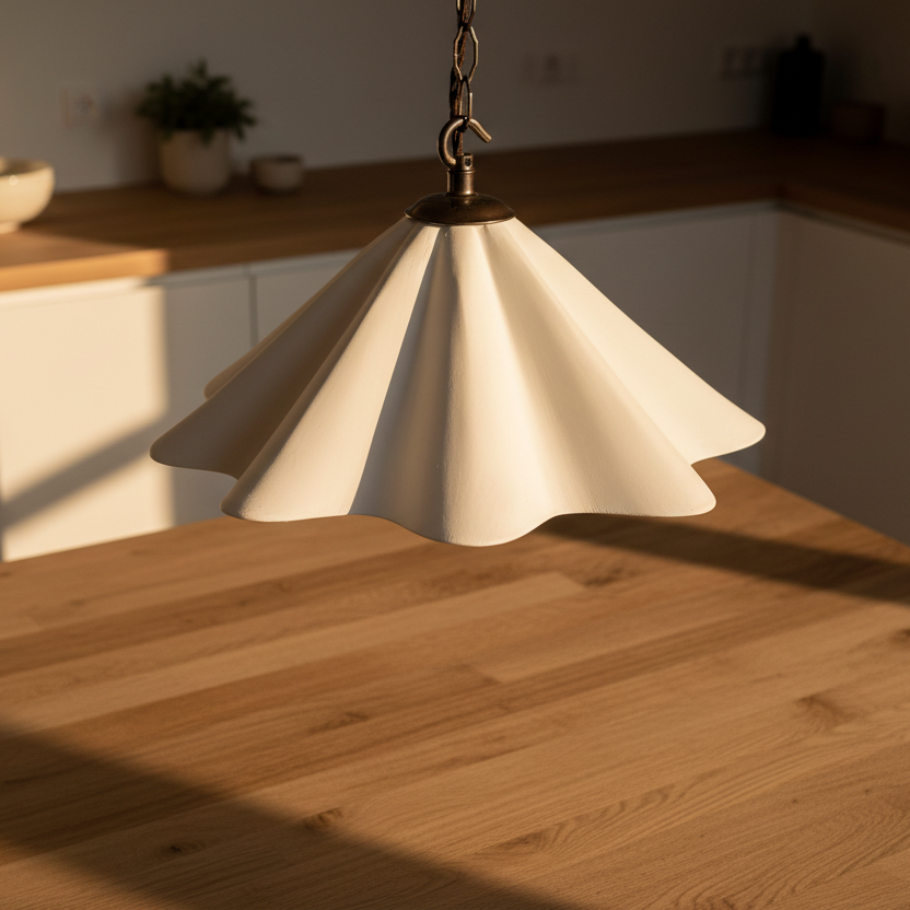 White pendant light hanging above a wooden table in a kitchen setting