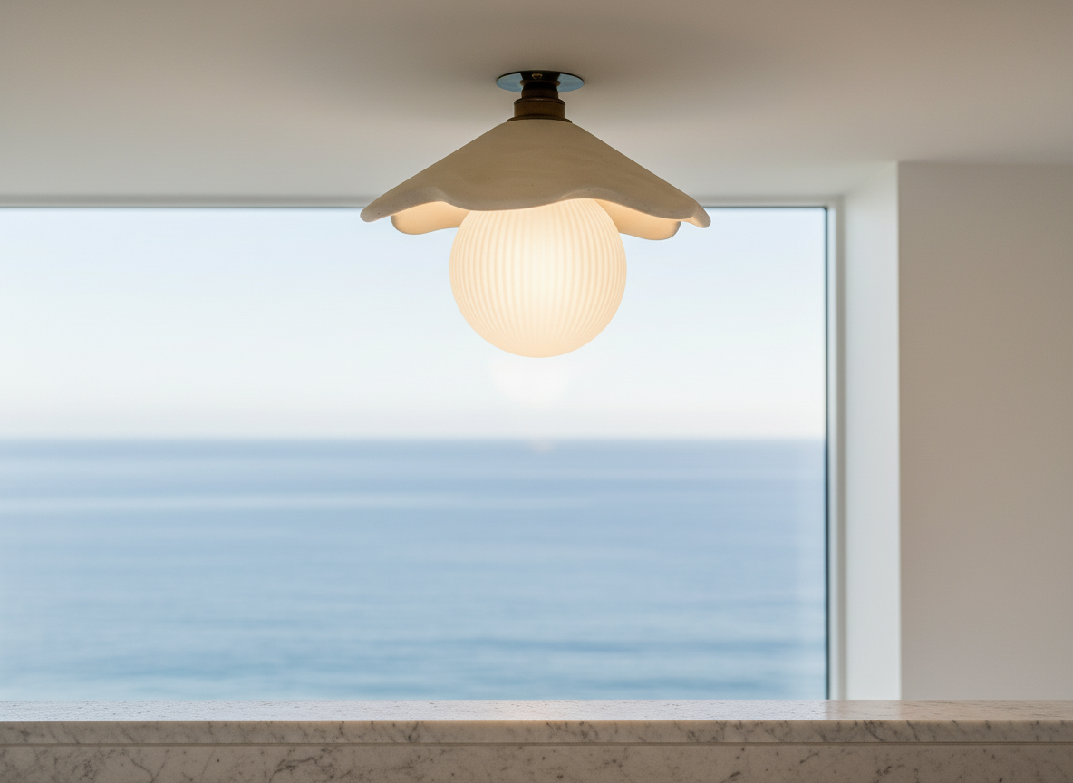 Ceiling light fixture with a view of the ocean through a window