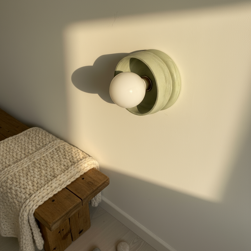 Modern minimalist wall light fixture casting a warm glow on a wooden bench with a blanket.