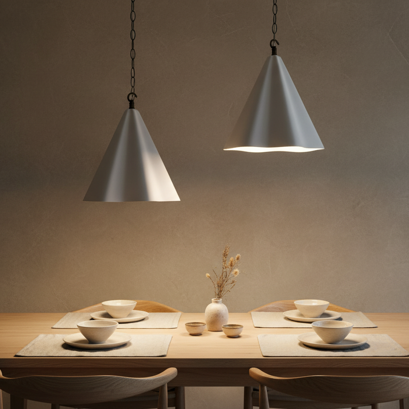 Dining table set with plates, bowls, and a vase under two pendant lights in a dimly lit room.