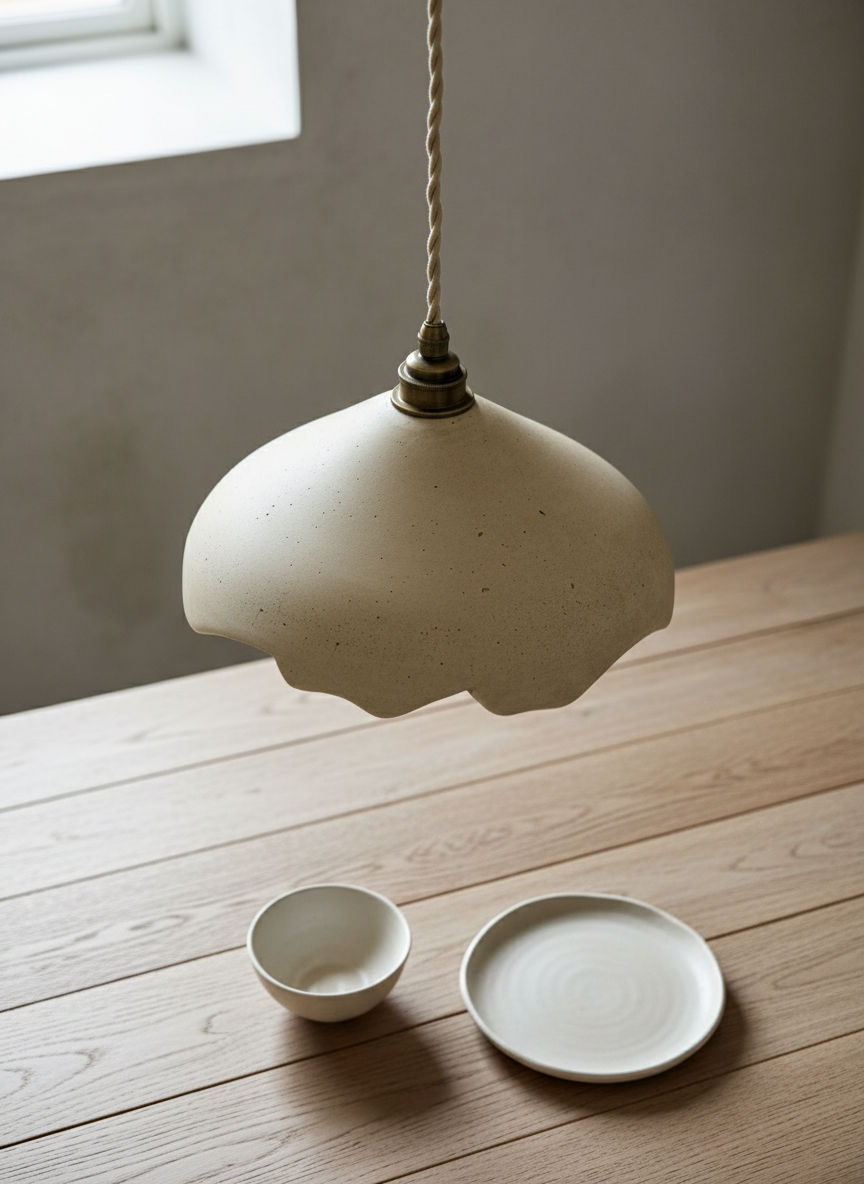 Handmade plaster pendant light hanging above two small ceramic dishes on a wooden surface.