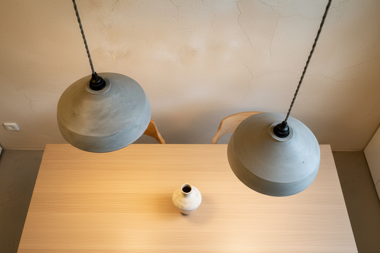 Two concrete pendant lights hanging above a wooden table with a small white vase.