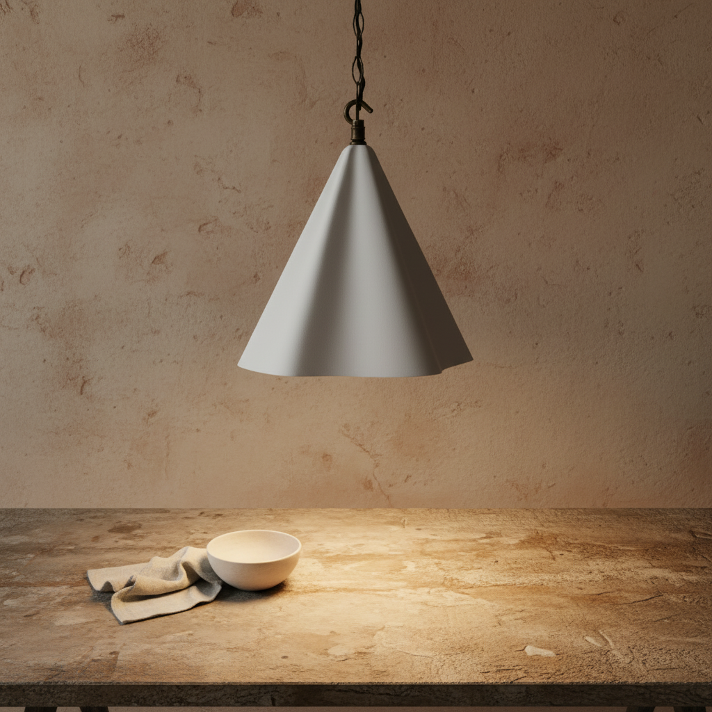 White cone-shaped pendant light hanging above a wooden table with a bowl and cloth.