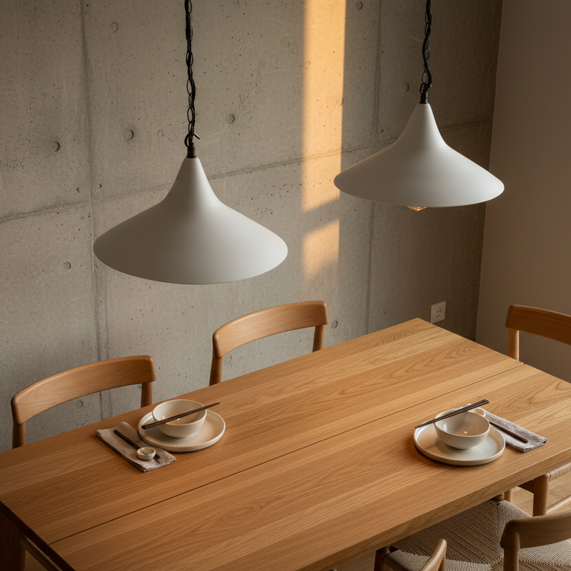 Dining table set with plates, cutlery, and two pendant lights in a room with concrete wall.