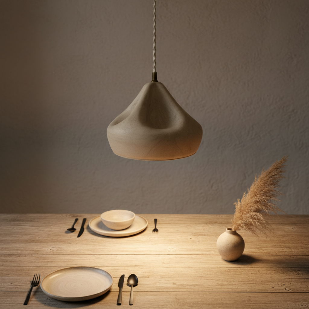 Plaster pendant light hanging above a wooden table with dinnerware and decor.
