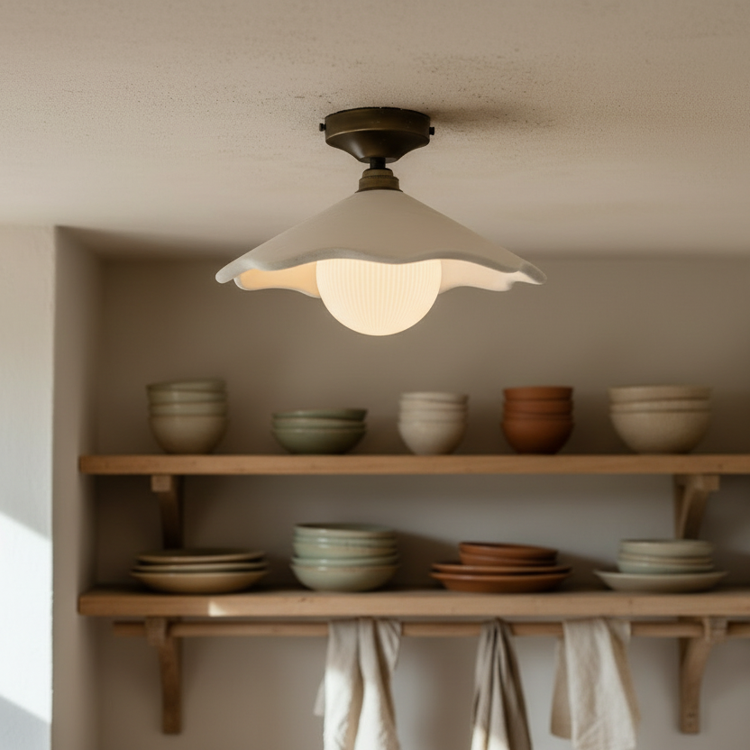Ceiling light fixture above a wooden shelf with ceramic bowls
