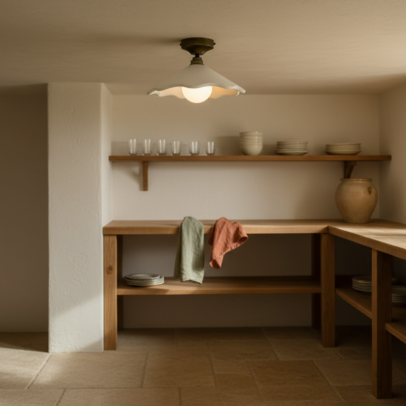 Nest living room with wooden shelves and bench, warm lighting