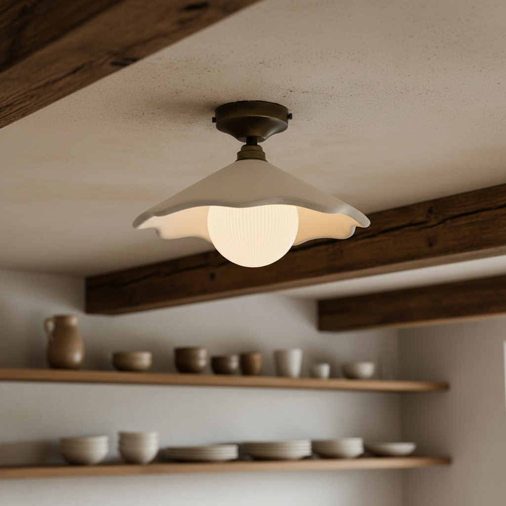 Ceiling light fixture in a room with wooden shelves and ceramic items