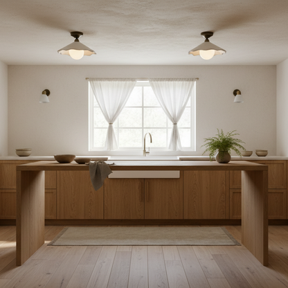 Modern kitchen with wooden island and large window