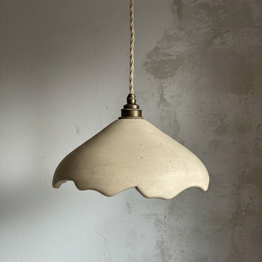 Pendant light with scalloped edge against a concrete wall