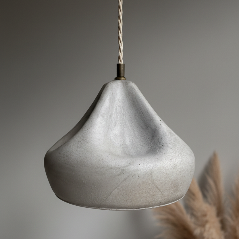 Concrete grey pendant light with a textured surface on a neutral background