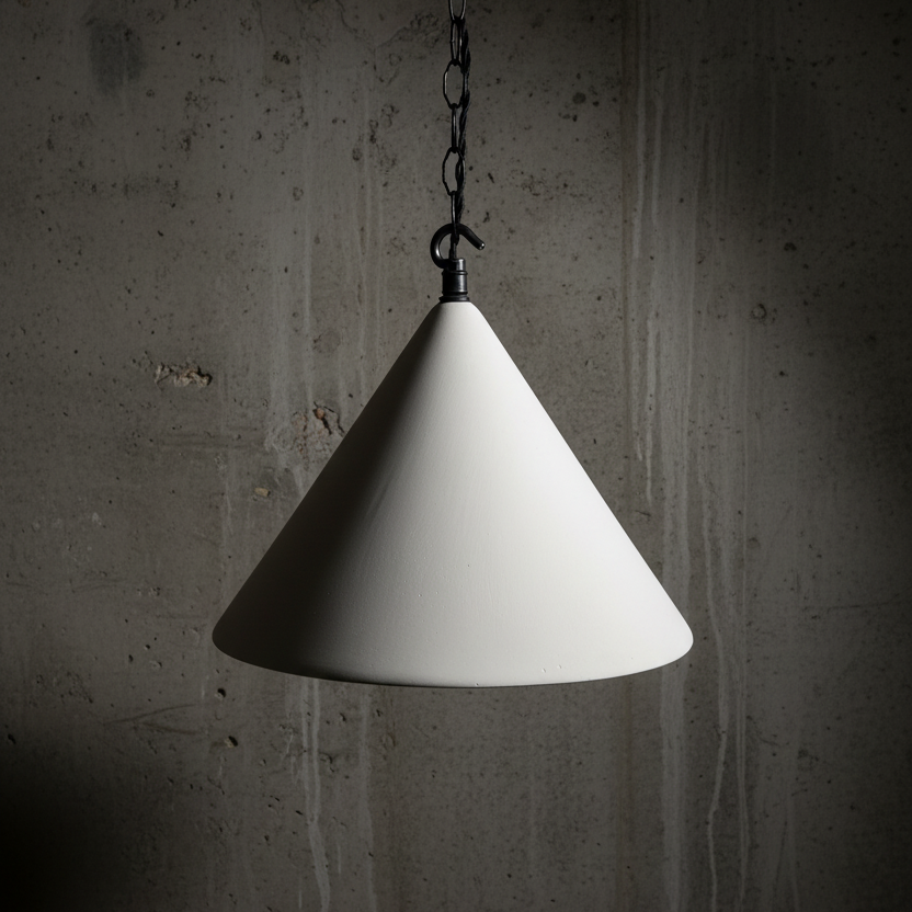 White cone-shaped pendant light hanging against a textured gray wall.