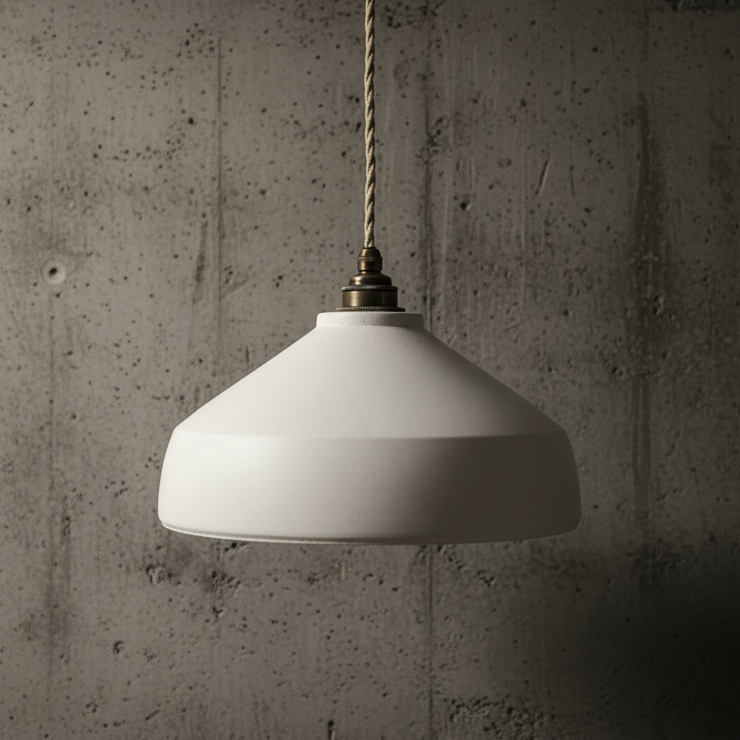 White pendant lamp hanging against a textured gray wall