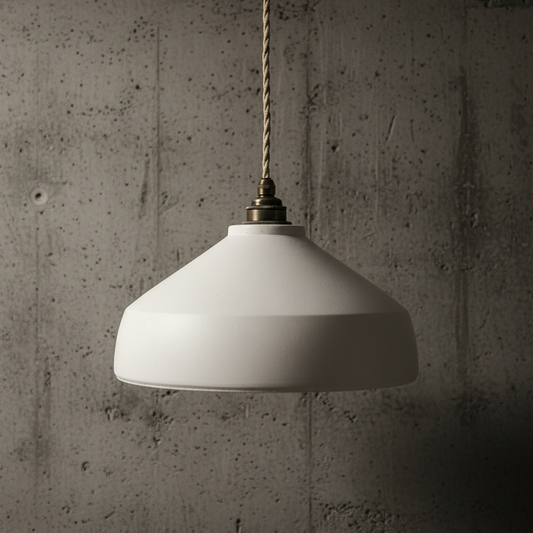 White pendant lamp hanging against a textured gray wall