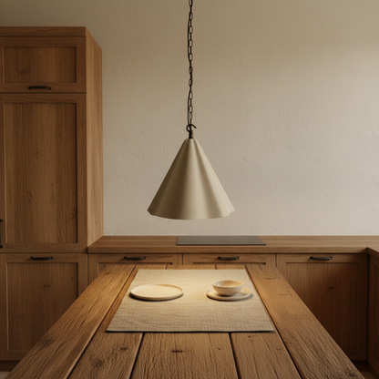 Beige pendant light hanging above a wooden table with two bowls on a placemat.