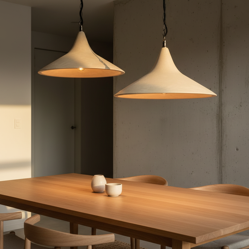 Two pendant lights hanging above a wooden dining table in a modern interior setting.