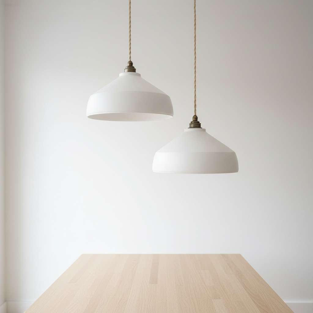 Two white pendant lights hanging above a wooden table with a plain white background
