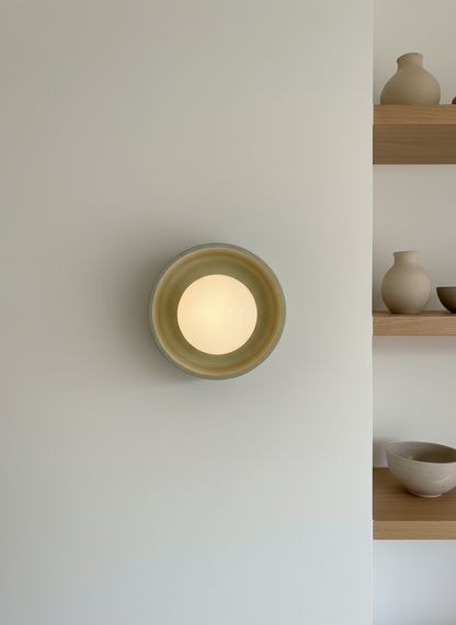 Round wall light fixture on a neutral wall with shelves in the background