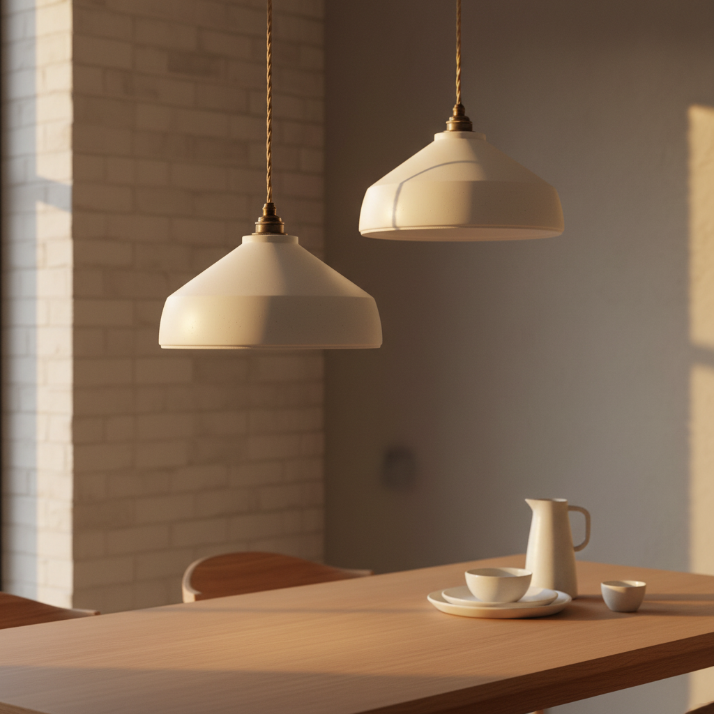 Two white pendant lights hanging above a wooden table with ceramic items.