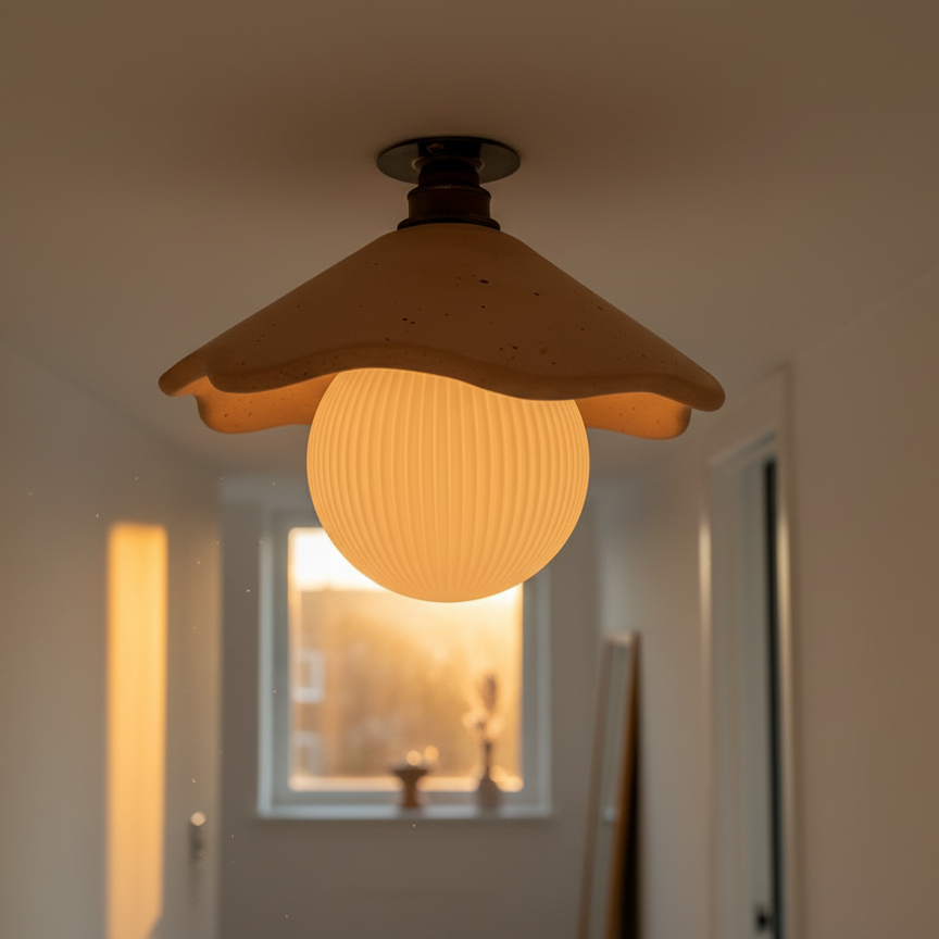 Ceiling light fixture with a warm glow in a softly blurred room setting