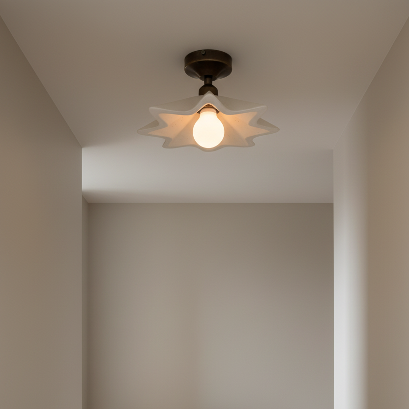 Wooden table with a bowl underneath a ceiling light fixture in a minimalistic room.