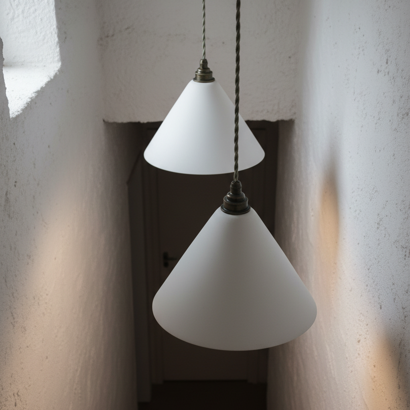 Two white cone-shaped pendant lights hanging against a textured wall.
