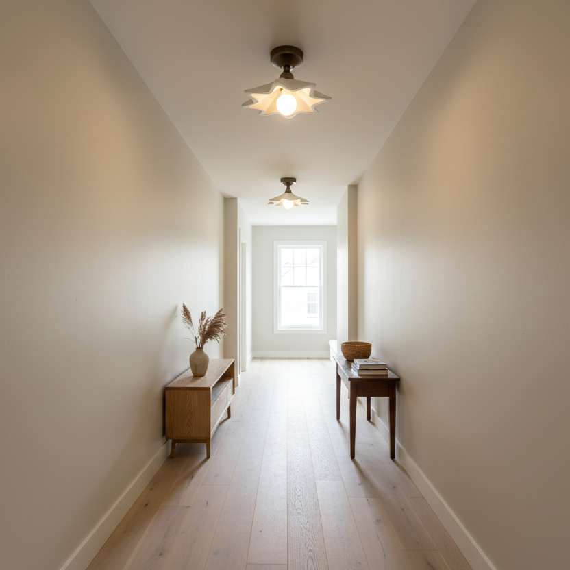 Long hallway with light-colored walls and wooden flooring, featuring a small table and decorative items.