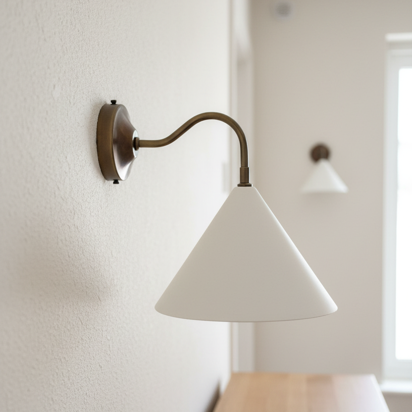 Wall-mounted lamp with a white conical shade on a light-colored wall.
