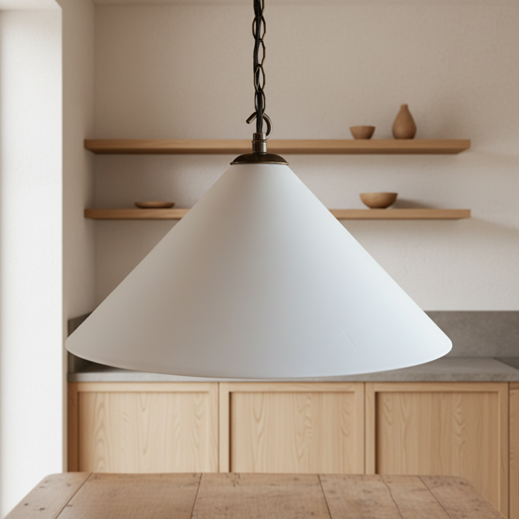 Plaster cone pendant light hanging in a kitchen with wooden shelves and cabinets.