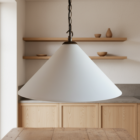 Plaster cone pendant light hanging in a kitchen with wooden shelves and cabinets.