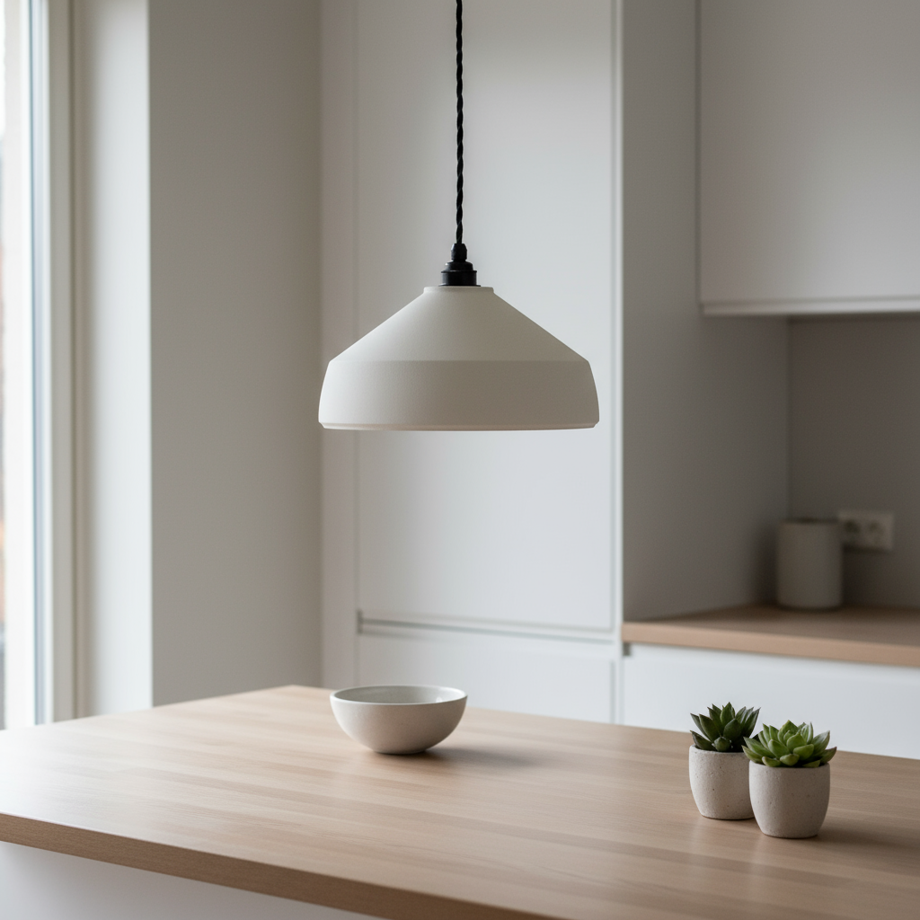 Modern kitchen with a white pendant light, wooden table, and small plants.