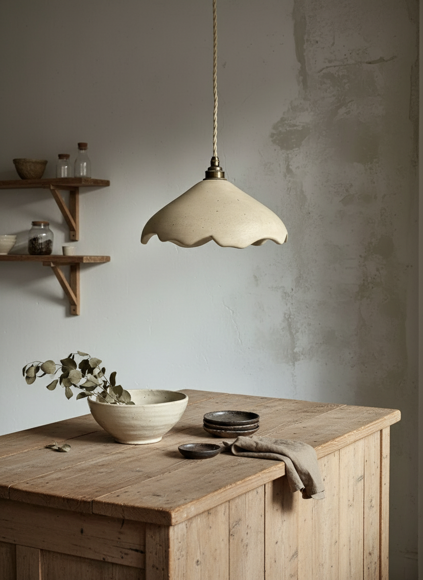 Beige artisanal pendant light hanging above a wooden table with a neutral background